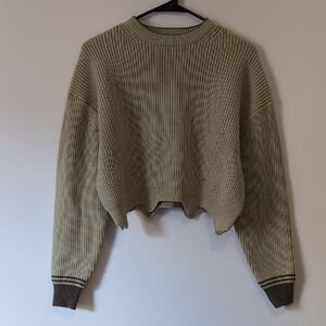 Women's Olive Ribbed Cropped Crewneck Sweater with Dark Cuff Trim